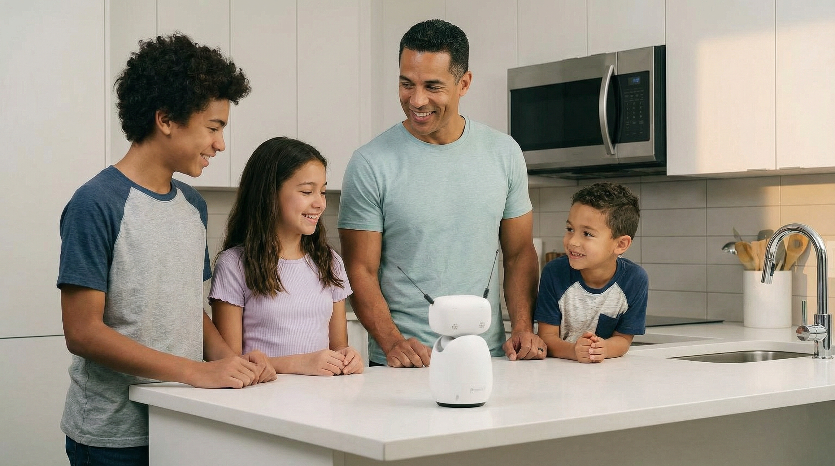 A family interacting with Maxy